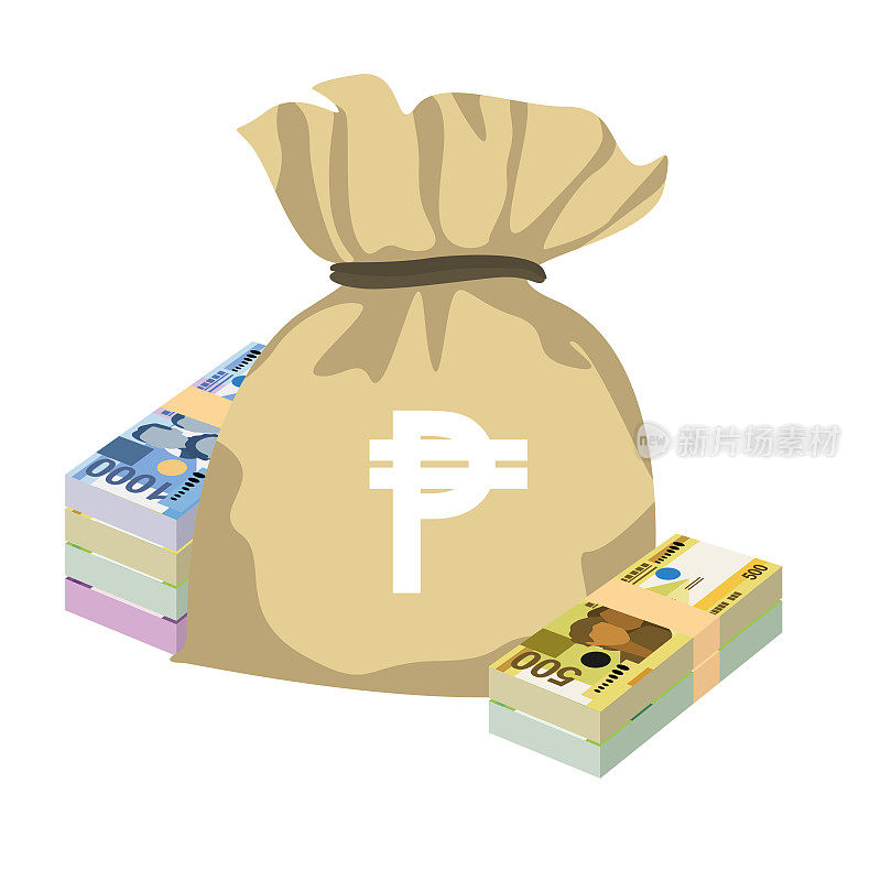 菲律宾比索矢量插图。菲律宾货币套装捆钞。钱袋100 200 500 1000 PHP。平的风格。孤立的白色背景。简约的设计。